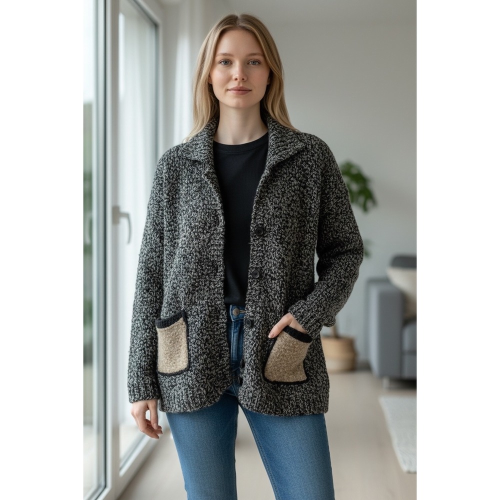 Tinu  Hand Knits Cardigan Sweater Women S M Textured Black Gray Pockets